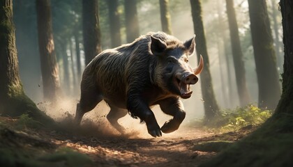 A Fierce Boar Charging Through A Forest Its Tusks - obrazy, fototapety, plakaty