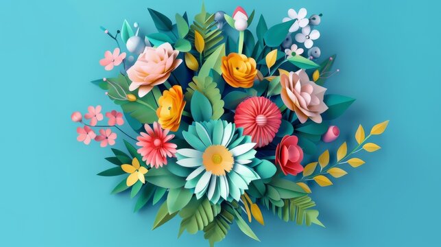 The paint brush design for spring. Illustration of a bouquet made of a paint brush. Paper craft and cut style. Vector.