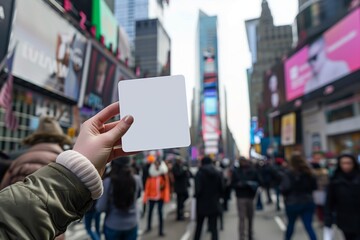 person holding a white card on a crowded city street