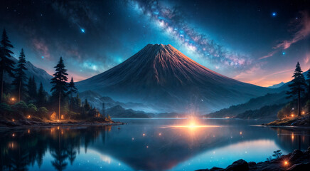 Night landscape overlooking the volcano - obrazy, fototapety, plakaty