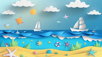 Gartenposter A sea view with water play equipment set up on the beach in summer. The blue sea is in the background. The sea is in the foreground. Modern illustration. © Zaleman
