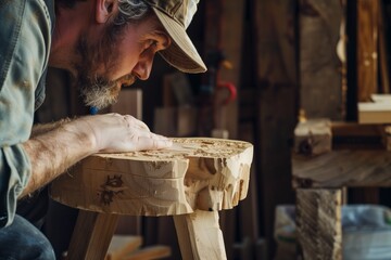 woodworker inspecting a newly carved wooden stool - obrazy, fototapety, plakaty
