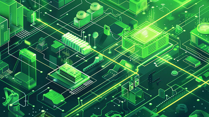Illustration highlighting the role of digital assets in a green, automated economy, with a focus on decentralized manufacturing.