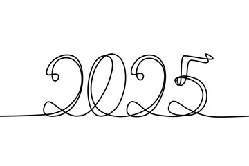 2025. Calendar. New Year's Eve. Merry Christmas. Drawing a single line in linart style. Line Drawing.
