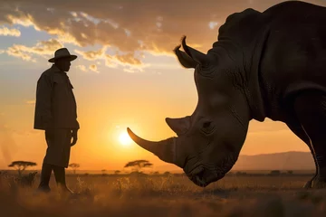 Deurstickers man standing at a safe distance from rhino at sunset © primopiano