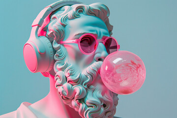 Plato statue with beard blowing bubble gum