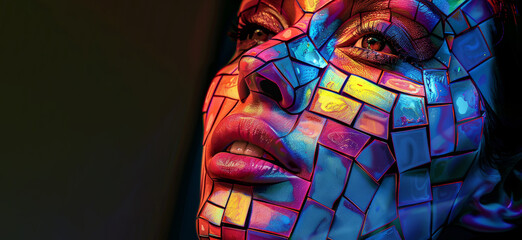 A woman's face is made up of colorful tiles. The tiles are arranged in a mosaic pattern, creating a vibrant and eye-catching design. mosaic of color a beautiful futuristic woman on a black background - obrazy, fototapety, plakaty