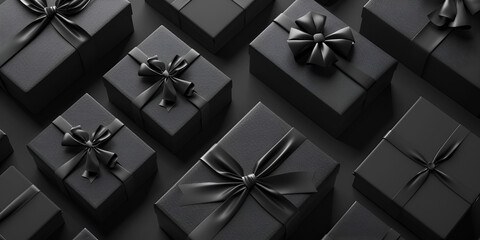 black gift boxes with black ribbon bow tag isolated on black background  - obrazy, fototapety, plakaty
