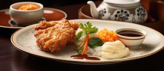 A plate of fast food featuring fried chicken and vegetables served on a table with dishware and tableware, showcasing a delicious and satisfying cuisine dish