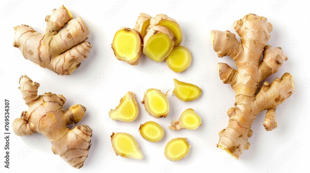 Poster The top view of a ginger root and slice on a white background.