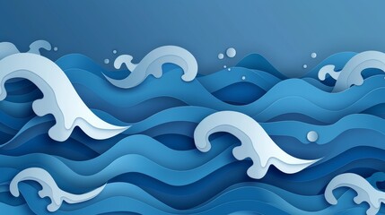 Designed in papercraft style, this is a seamless wallpaper of sea waves. Isolated on a blue background.