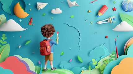 Background of a back to school sale. Paper cut 3D craft style. A boy with a brush on blue background with layers of teaching, education, and learning symbols. Modern illustration. - obrazy, fototapety, plakaty
