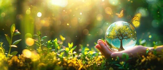 On the background of a green, sunny background, a crystal ball representing the Earth with a...
