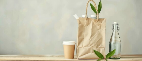 Green groceries bag with glass bottles, paper cups, and leafs on white table. Marine-friendly mockup banner.