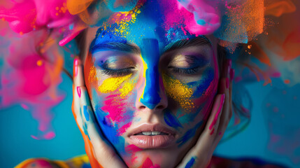 A woman with colorful face paint and a colorful background. The background is a mix of colors, and the woman's face is the main focus of the image. mix of colors representing exhaustion, tiredness - obrazy, fototapety, plakaty