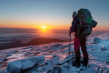hiker with backpack admiring sunset on frosty mountain top