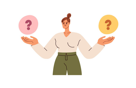 Choice, dilemma, decision making concept. Deciding, choosing between options, asking questions, queries. Puzzled woman in doubt, uncertainty. Flat vector illustration isolated on white background