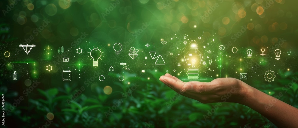 Poster Over a green background, technology and environment icons are hand-held in front of a network connection...
