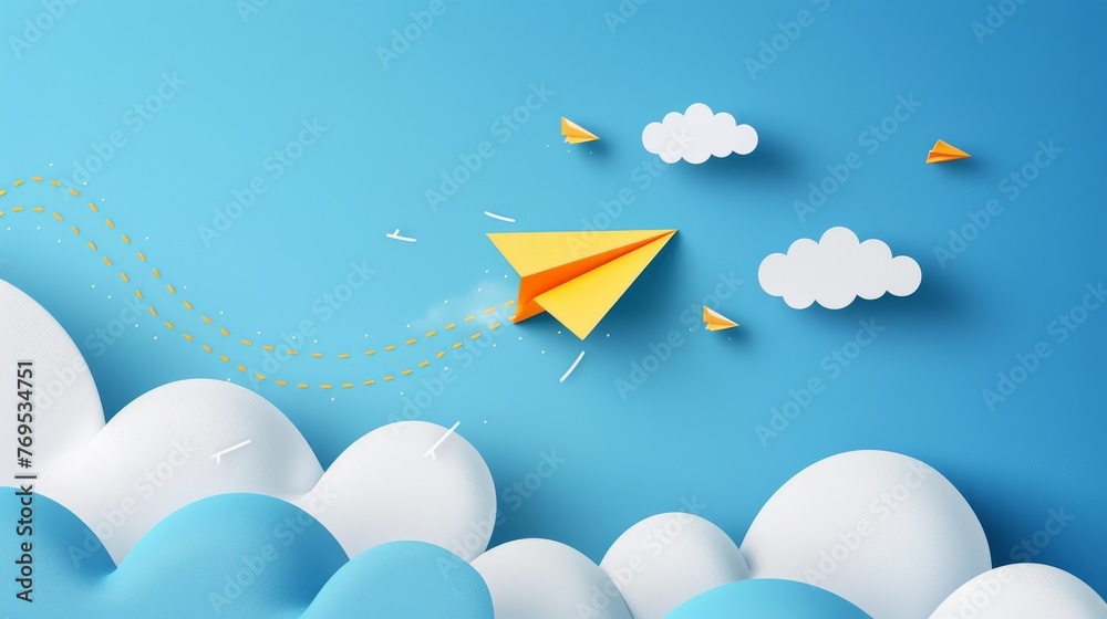 Aufkleber Yellow origami paper plane dash line track with loop in the sky. Back to school text in white cloud. Blue background. Modern image.