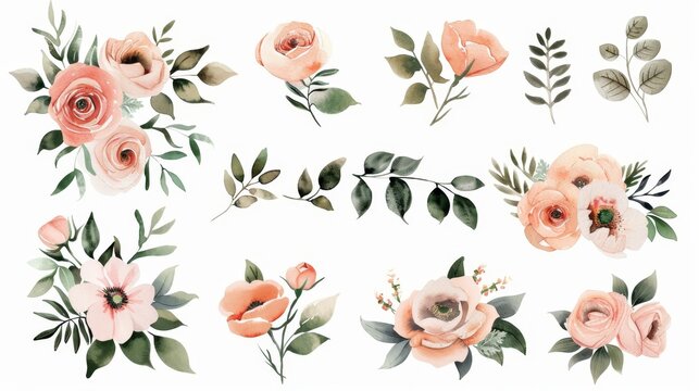 Illustration set of watercolor flowers and leaves - for bouquets, wreaths, arrangements, wedding invitations, anniversary cards, birthday cards, postcards, greeting cards, corporate logos.