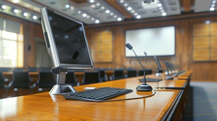 Rostrum with microphone and computer in conference hall 