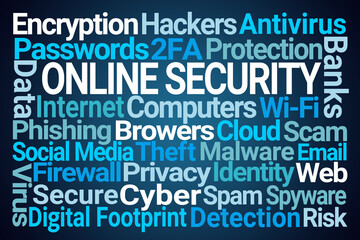 Online Security Word Cloud on Blue Background