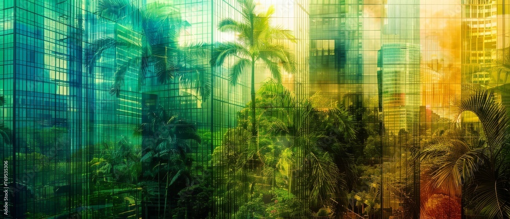 Poster stunning double exposure of a lush green forest and the windows of a modern skyscraper