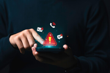 Fraud alert or smartphone Scam, System hacked warning alert on mobile. Cyber attack network, Virus, Spyware, Malware, Malicious software. Cyber security and cybercrime. warning notification. - obrazy, fototapety, plakaty