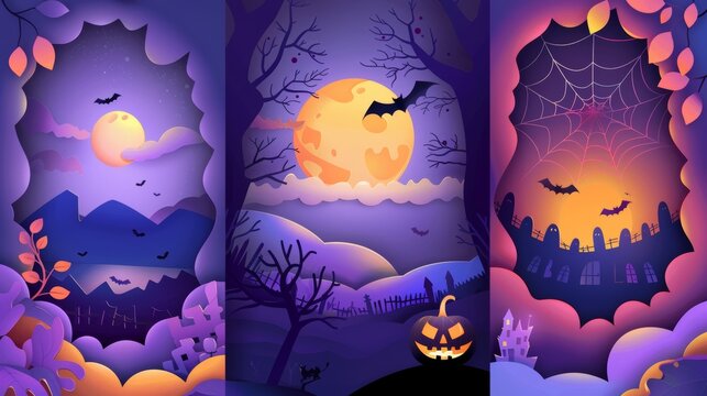A set of happy Halloween party posters with night clouds and pumpkins in a paper cut style. Modern illustration. Full moon, witch cauldron, spider web, and flying bat. Background for brochure.