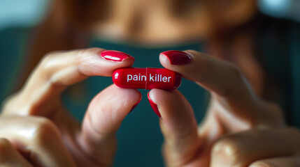 Close-up of a woman's fingers holding a red painkiller capsule with a manicured hand.