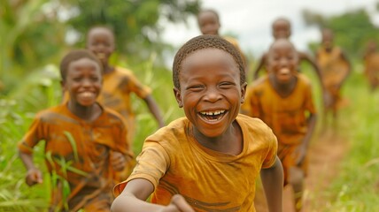 a group of really joyful African boys in a rural backdrop. - obrazy, fototapety, plakaty