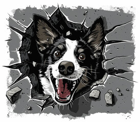 Trendy T-Shirt Illustration: Dog Breaking Through Cracked Wall