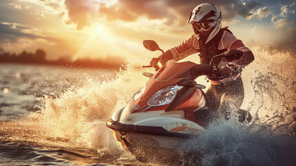 A man energetically rides a jet ski across the water, creating splashes and waves behind him