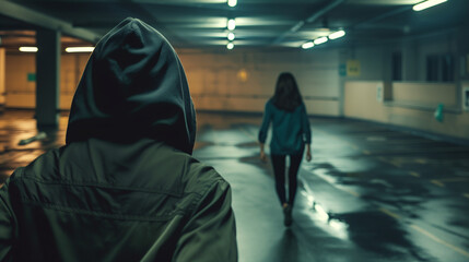 Hooded figure following a woman in a dimly lit parking garage.
