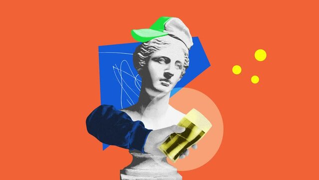 Antique statue bust, replica in cap with beer mug over bright orange background. Festival, relaxation. Stop motion, animation. Party, surrealism, alcohol drinks concept. Pop art. Noise, grainy effect