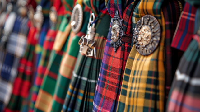 A detailed close-up of assorted tartan kilts with decorative sporrans highlighting Scottish attire
