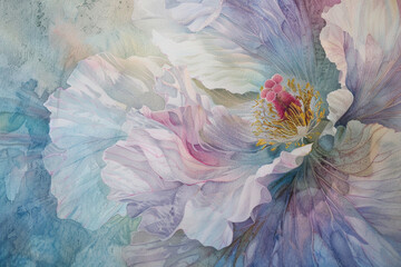 Random flower in a close-up, hand-drawn style, with watercolor pastels under a soft, ethereal light, emphasizing tranquility.