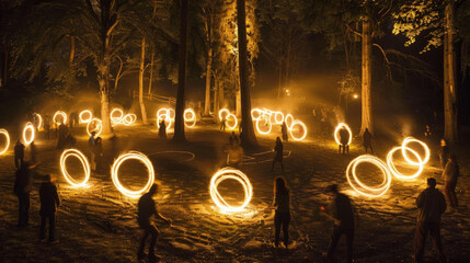 A group of performers create striking patterns with fire, casting a warm glow among the trees in a night setting