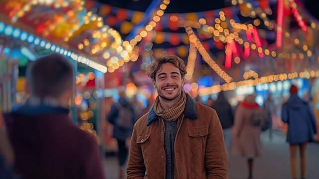 picture of a charming man during a carnival, dressed stylishly, grinning
