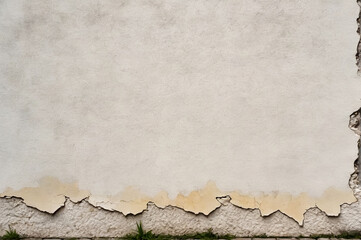 An old white stucco wall with cracked painted surface of horizontal blank grunge background. Construction industrial vintage structure for poster or site design. Concept of renovation. Copy space