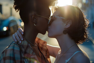 Two women kissing each other on the street. One of them is wearing a necklace. Scene is romantic and intimate