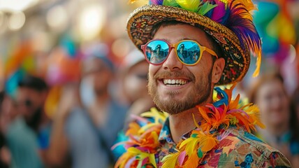 picture of a charming man during a carnival, dressed stylishly, grinning - obrazy, fototapety, plakaty