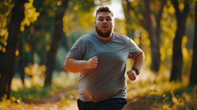 Overweight man is seen running through a dense forest with tall trees in the background
