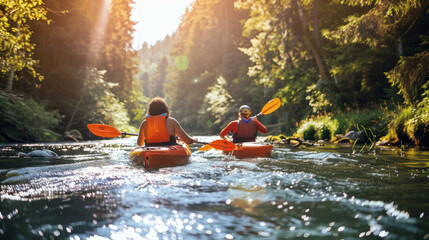 Two individuals are kayaking down a river, energetically paddling through the water on a sunny day