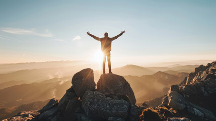 A man stands proudly on the summit of a mountain, arms extended wide in celebration of his accomplishment - obrazy, fototapety, plakaty