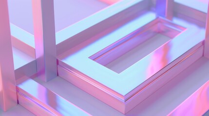 A vibrant escape into a holographic dimension with layered geometric shapes, reflecting pastel light for an otherworldly visual experience.