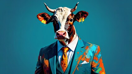 Artistic Cow in a Vibrant Paint-Splattered Suit