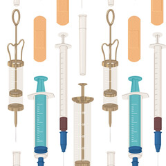 Seamless pattern of medical syringes and patches. Vaccination and immunization of the population. Decor for hospitals and medical institutions. Vector illustration isolated on transparent background.