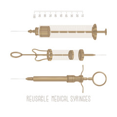 Set of reusable medical syringes made of glass and metal. Vaccination and immunization of the population. Protection from diseases. Vector illustration isolated on transparent background.