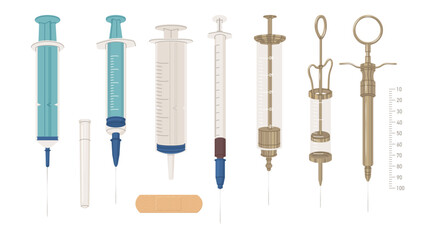 Set of reusable medical syringes made of glass and metal and disposable plastic. Vaccination and of the population. Protection from diseases. Vector illustration isolated on transparent background.
